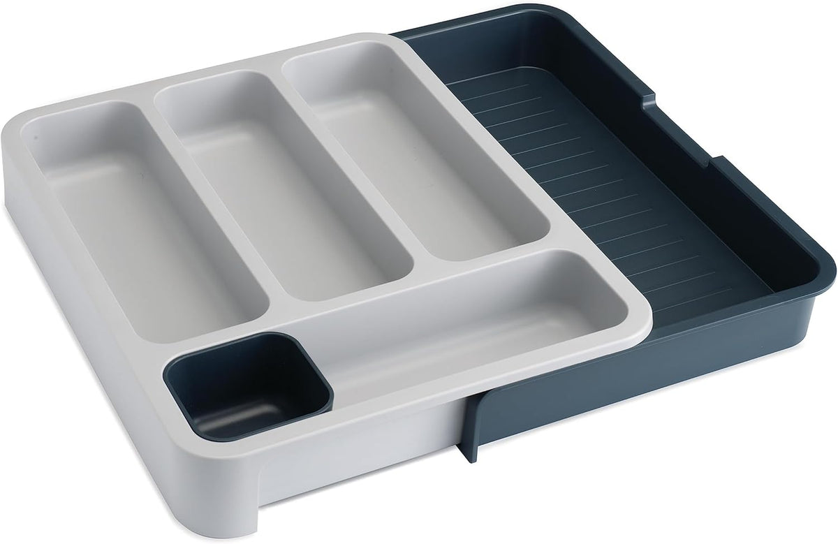 DrawerStore Compact Utensil Organizer For Kitchen Drawer Silverware, Flatware Tray, Small, Grey