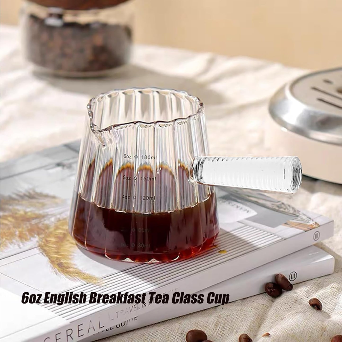 6OZ Glass Measuring Cup, Coincal Espresso Cup, Glass Handle, Clear | Ribbed Borosilicate Glass, V-Shaped Spout Drain, Double Shots Espresso, For Daily Coffee Milk Tea, Dishwasher Safe