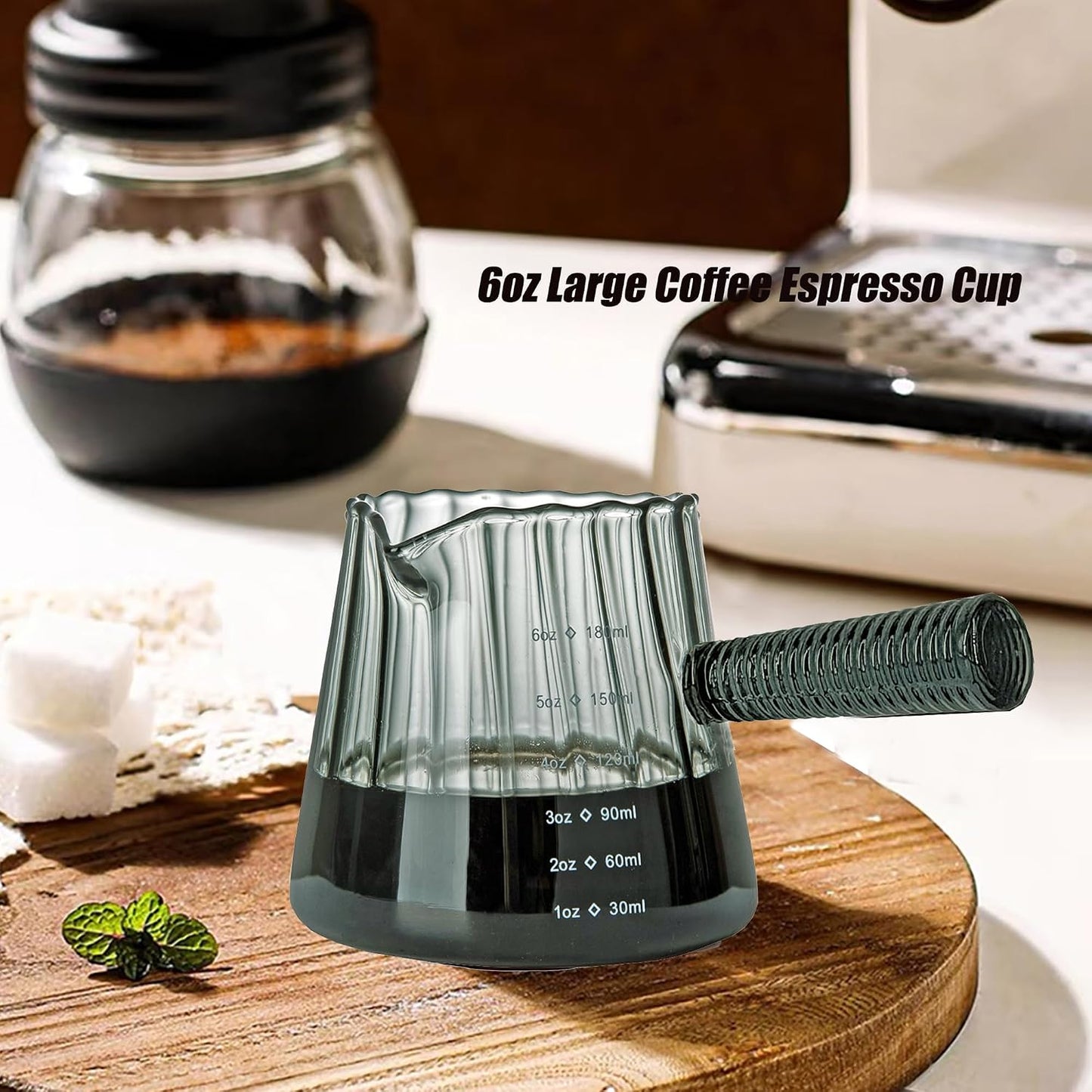 6OZ Glass Measuring Cup, Coincal Espresso Cup, Glass Handle, Clear | Ribbed Borosilicate Glass, V-Shaped Spout Drain, Double Shots Espresso, For Daily Coffee Milk Tea, Dishwasher Safe