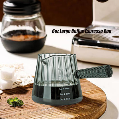6OZ Glass Measuring Cup, Coincal Espresso Cup, Glass Handle, Clear | Ribbed Borosilicate Glass, V-Shaped Spout Drain, Double Shots Espresso, For Daily Coffee Milk Tea, Dishwasher Safe