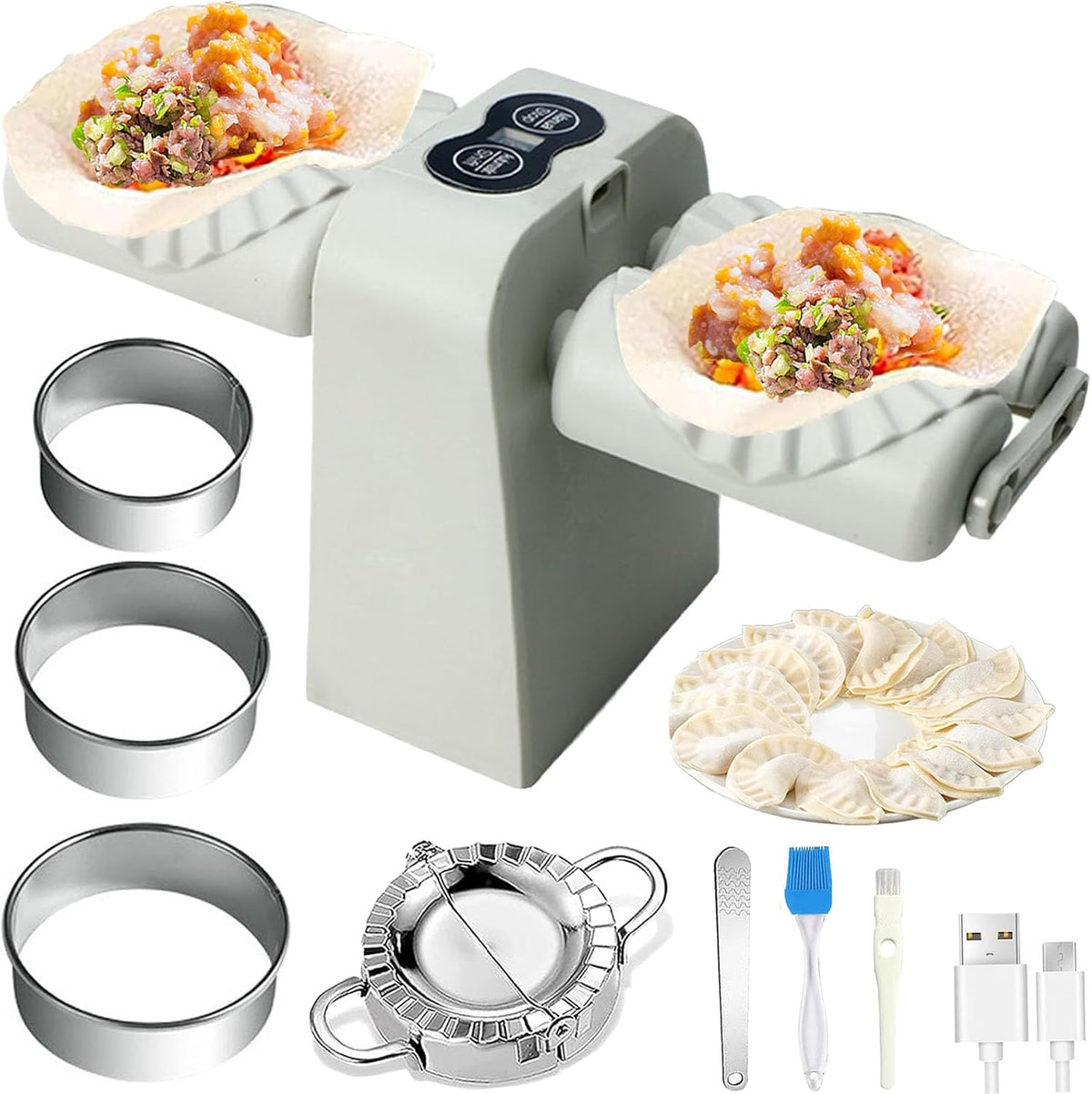 Electric Dumpling Maker Machine, Double Head Automatic Electric Dumpling Machine Maker Mould 2 Modes Household Quick Rechargeable Dumpling Maker with Empanada Maker,Dough Cutters,Spoon,Brush