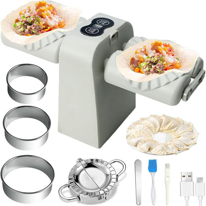 Electric Dumpling Maker Machine, Double Head Automatic Electric Dumpling Machine Maker Mould 2 Modes Household Quick Rechargeable Dumpling Maker with Empanada Maker,Dough Cutters,Spoon,Brush
