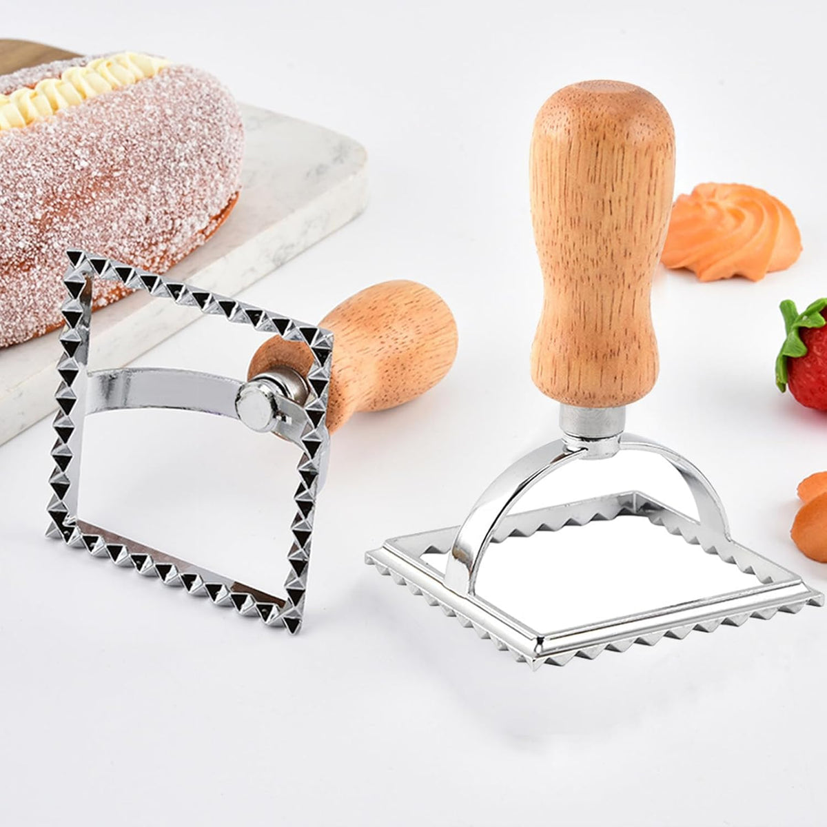 Ravioli Pasta Cutter Wooden Handle Ravioli Mold,One Square and One Round Suitable for Ravioli, Pasta, Biscuits, Etc