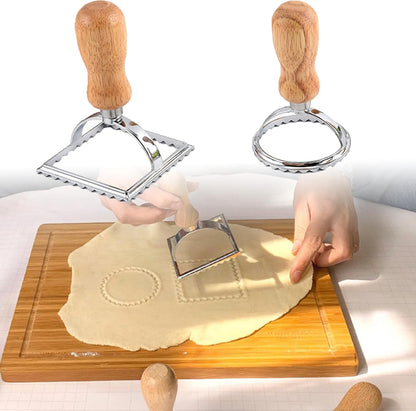 Ravioli Pasta Cutter Wooden Handle Ravioli Mold,One Square and One Round Suitable for Ravioli, Pasta, Biscuits, Etc