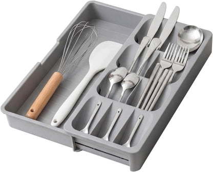 Expandable Silverware Organizer Tray, Adjustable Utensil Holder | Expandable drawer tray with divided compartments for cutlery, utensils, kitchen gadgets, office supplies and craft tools