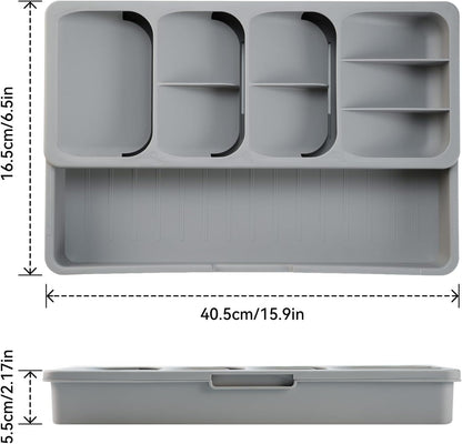 Expandable Silverware Organizer Tray, Adjustable Utensil Holder | Expandable drawer tray with divided compartments for cutlery, utensils, kitchen gadgets, office supplies and craft tools