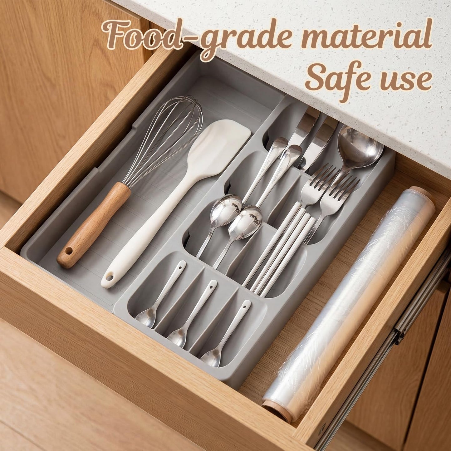 Expandable Silverware Organizer Tray, Adjustable Utensil Holder | Expandable drawer tray with divided compartments for cutlery, utensils, kitchen gadgets, office supplies and craft tools