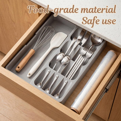 Expandable Silverware Organizer Tray, Adjustable Utensil Holder | Expandable drawer tray with divided compartments for cutlery, utensils, kitchen gadgets, office supplies and craft tools
