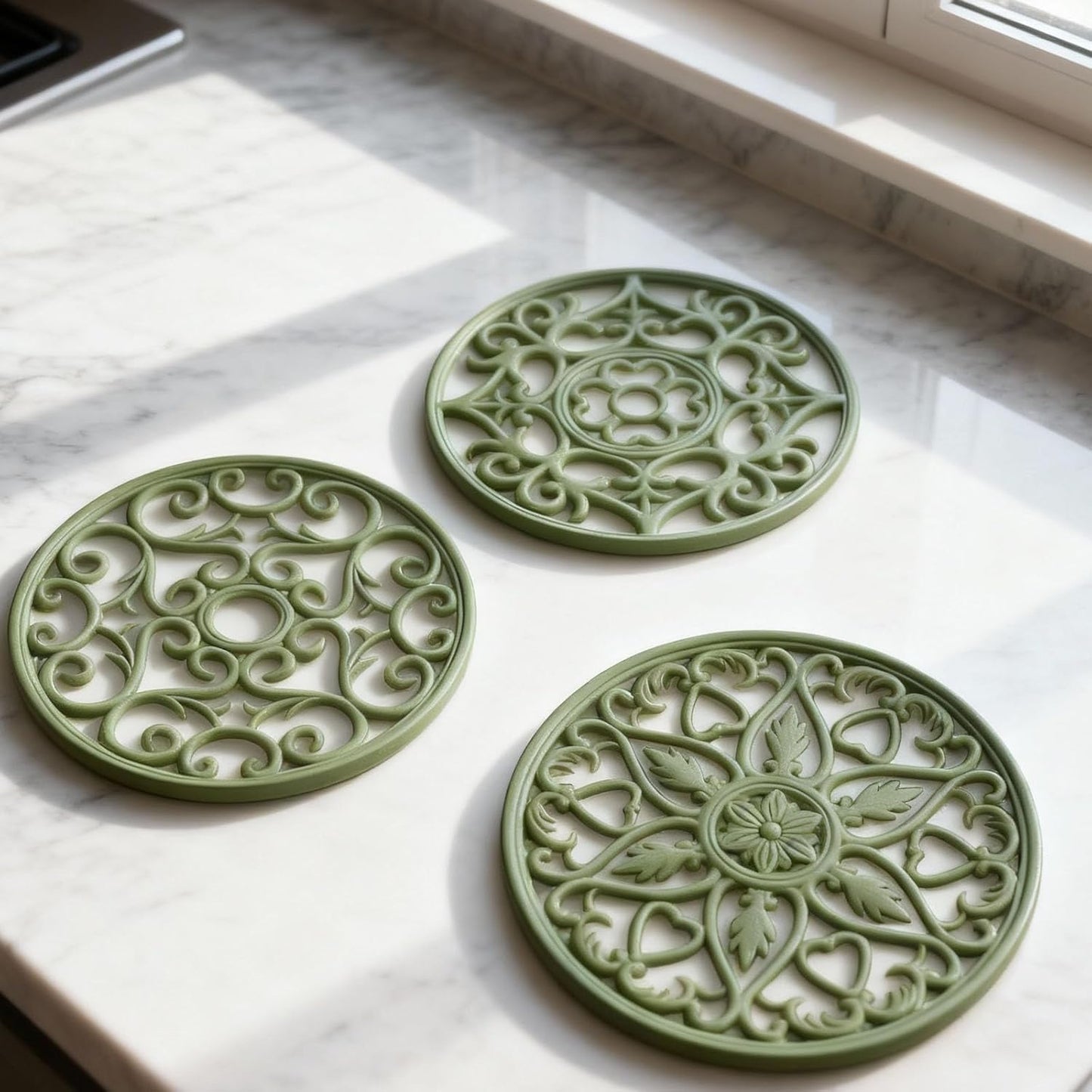 Trivets for Dishes/Pots/Pans, 3 Pcs Silicone Mats, Flexible/Durable/Non Slip Hot Pads to Protect Table and Counter Top (Olive Green)