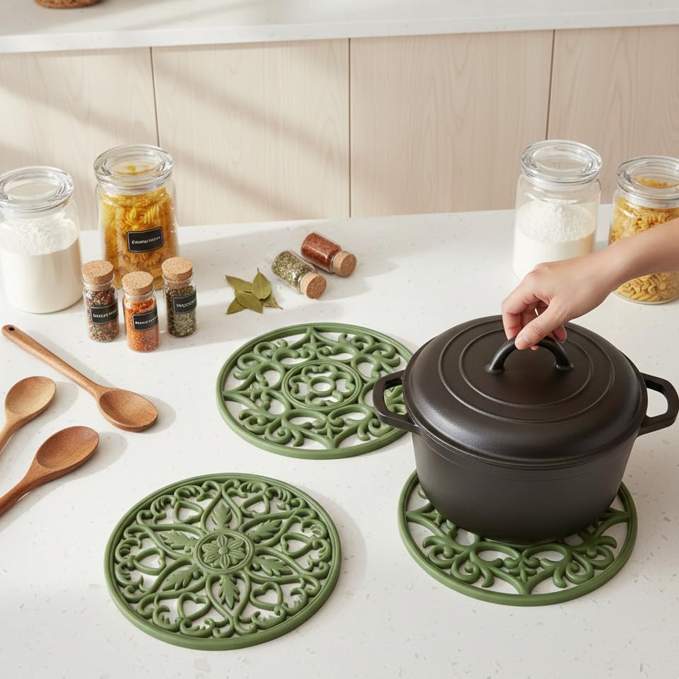 Trivets for Dishes/Pots/Pans, 3 Pcs Silicone Mats, Flexible/Durable/Non Slip Hot Pads to Protect Table and Counter Top (Olive Green)