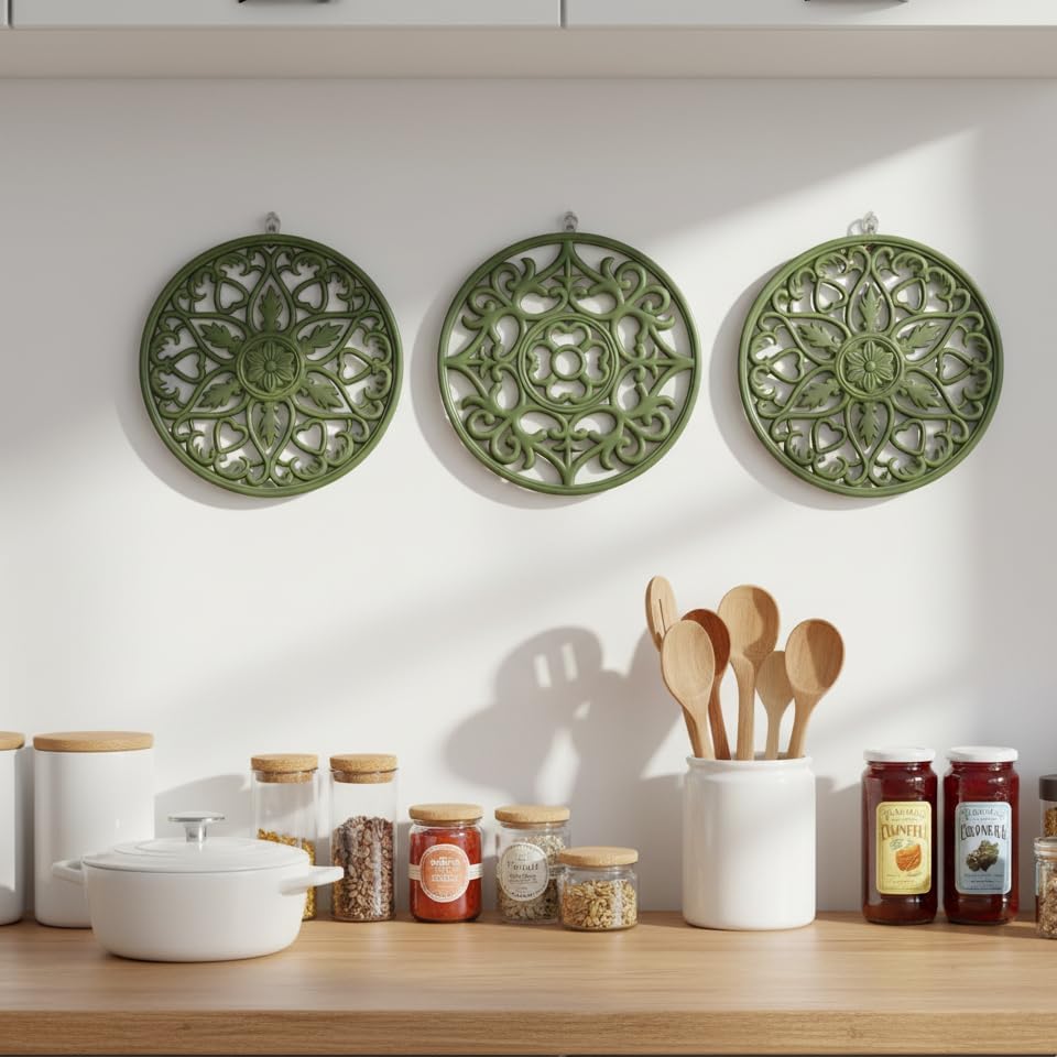 Trivets for Dishes/Pots/Pans, 3 Pcs Silicone Mats, Flexible/Durable/Non Slip Hot Pads to Protect Table and Counter Top (Olive Green)