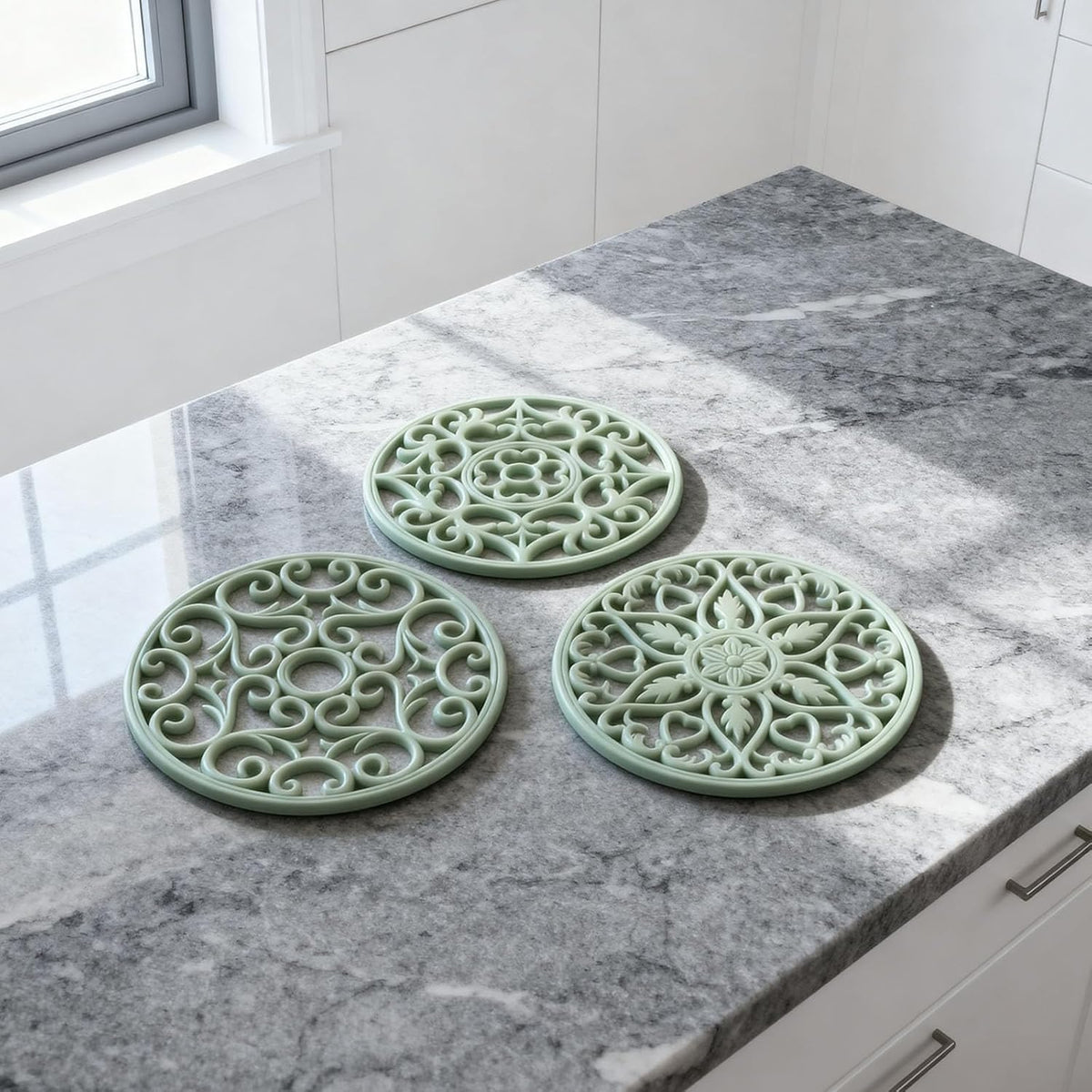 Trivets for Dishes/Pots/Pans, 3 Pcs Silicone Mats, Flexible/Durable/Non Slip Hot Pads to Protect Table and Counter Top (Olive Green)