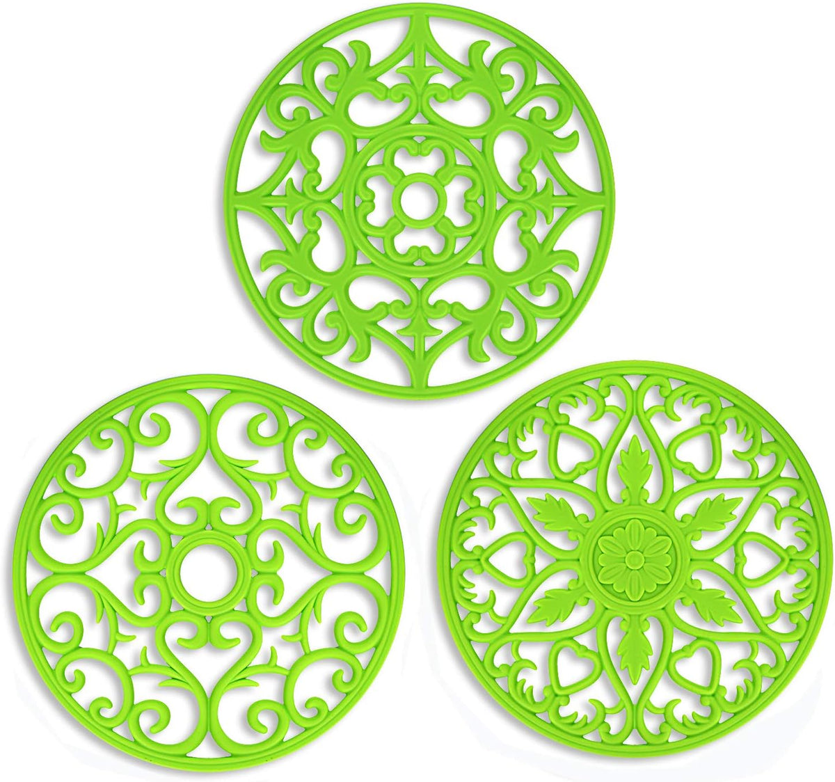 Trivets for Dishes/Pots/Pans, 3 Pcs Silicone Mats, Flexible/Durable/Non Slip Hot Pads to Protect Table and Counter Top (Olive Green)