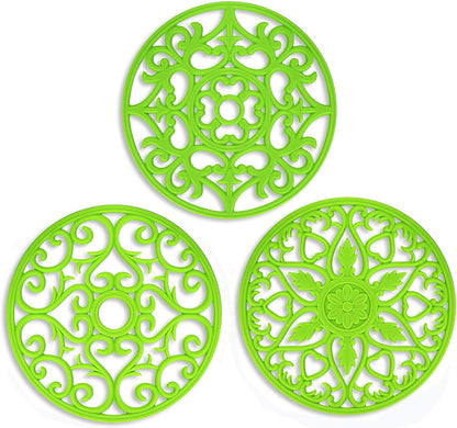 Trivets for Dishes/Pots/Pans, 3 Pcs Silicone Mats, Flexible/Durable/Non Slip Hot Pads to Protect Table and Counter Top (Olive Green)