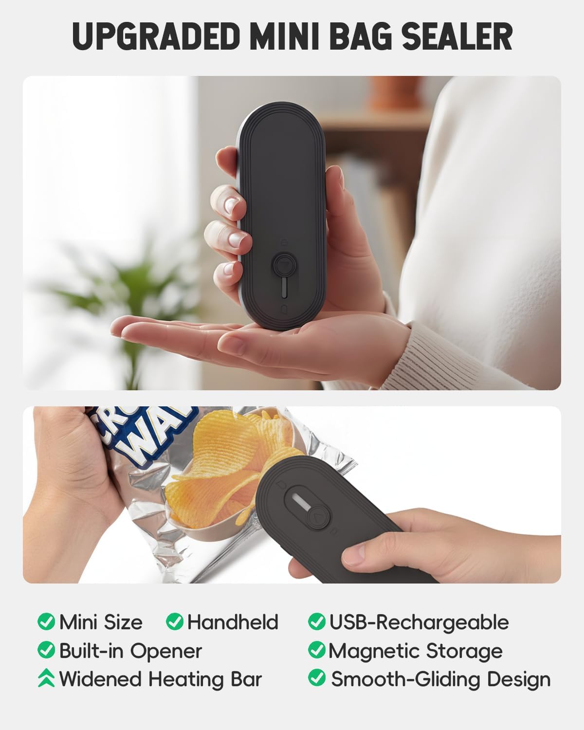 Mini Bag Sealer with Cutter and Magnet, 1800mAh Rechargeable Bag Resealer Handheld, Portable Heat Sealer for Plastic Snack & Chip Bags, Upgraded, Gift for Women, Food Saver, Kitchen Storage