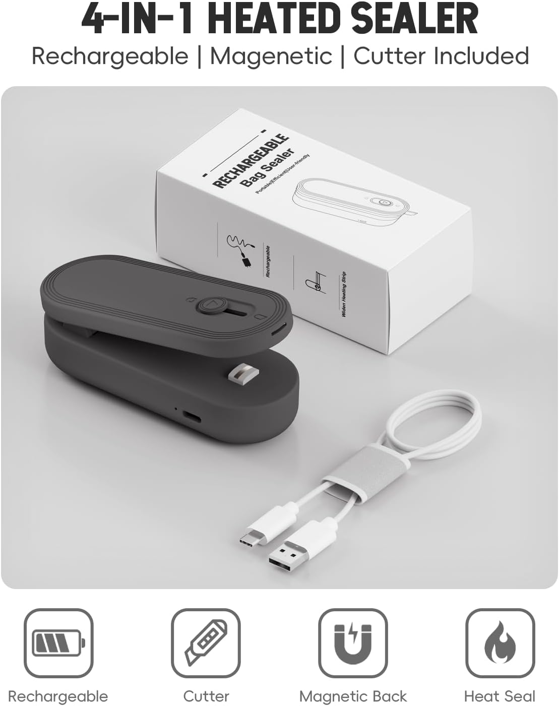 Mini Bag Sealer with Cutter and Magnet, 1800mAh Rechargeable Bag Resealer Handheld, Portable Heat Sealer for Plastic Snack & Chip Bags, Upgraded, Gift for Women, Food Saver, Kitchen Storage