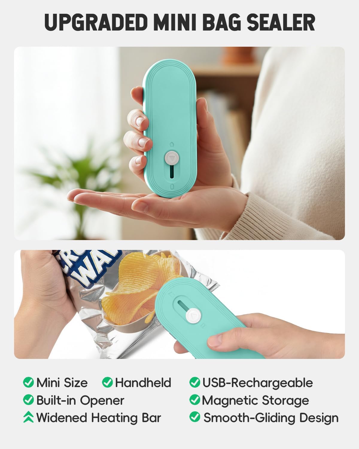 Mini Bag Sealer with Cutter and Magnet, 1800mAh Rechargeable Bag Resealer Handheld, Portable Heat Sealer for Plastic Snack & Chip Bags, Upgraded, Gift for Women, Food Saver, Kitchen Storage