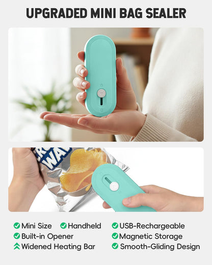 Mini Bag Sealer with Cutter and Magnet, 1800mAh Rechargeable Bag Resealer Handheld, Portable Heat Sealer for Plastic Snack & Chip Bags, Upgraded, Gift for Women, Food Saver, Kitchen Storage