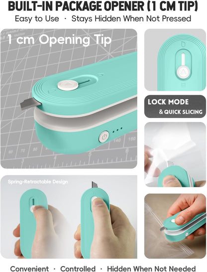 Mini Bag Sealer with Cutter and Magnet, 1800mAh Rechargeable Bag Resealer Handheld, Portable Heat Sealer for Plastic Snack & Chip Bags, Upgraded, Gift for Women, Food Saver, Kitchen Storage