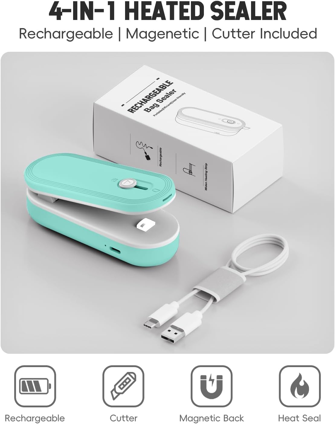 Mini Bag Sealer with Cutter and Magnet, 1800mAh Rechargeable Bag Resealer Handheld, Portable Heat Sealer for Plastic Snack & Chip Bags, Upgraded, Gift for Women, Food Saver, Kitchen Storage