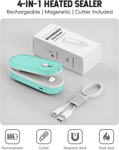Mini Bag Sealer with Cutter and Magnet, 1800mAh Rechargeable Bag Resealer Handheld, Portable Heat Sealer for Plastic Snack & Chip Bags, Upgraded, Gift for Women, Food Saver, Kitchen Storage