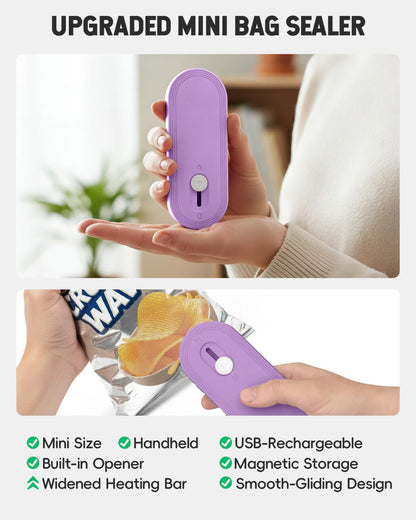 Mini Bag Sealer with Cutter and Magnet, 1800mAh Rechargeable Bag Resealer Handheld, Portable Heat Sealer for Plastic Snack & Chip Bags, Upgraded, Gift for Women, Food Saver, Kitchen Storage