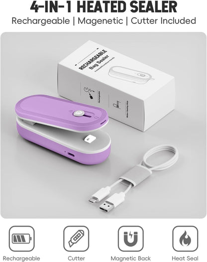 Mini Bag Sealer with Cutter and Magnet, 1800mAh Rechargeable Bag Resealer Handheld, Portable Heat Sealer for Plastic Snack & Chip Bags, Upgraded, Gift for Women, Food Saver, Kitchen Storage