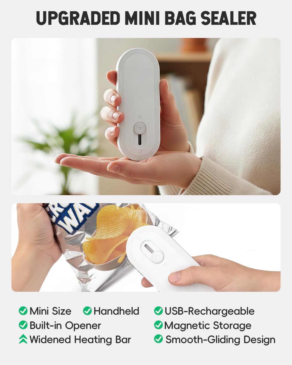 Mini Bag Sealer with Cutter and Magnet, 1800mAh Rechargeable Bag Resealer Handheld, Portable Heat Sealer for Plastic Snack & Chip Bags, Upgraded, Gift for Women, Food Saver, Kitchen Storage