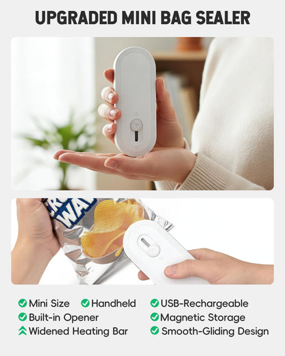 Mini Bag Sealer with Cutter and Magnet, 1800mAh Rechargeable Bag Resealer Handheld, Portable Heat Sealer for Plastic Snack & Chip Bags, Upgraded, Gift for Women, Food Saver, Kitchen Storage