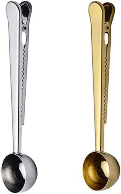 Stainless Steel Coffee Scoop Clip, 2PCS Stainless Steel Coffee Measuring Spoon with Sealed Bag Holder for Tea, Coffee Beans, Protein Powder, Instant Drink (Silver, Gold)