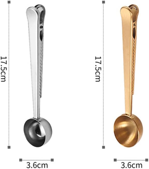 Stainless Steel Coffee Scoop Clip, 2PCS Stainless Steel Coffee Measuring Spoon with Sealed Bag Holder for Tea, Coffee Beans, Protein Powder, Instant Drink (Silver, Gold)