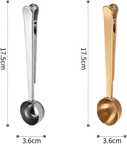 Stainless Steel Coffee Scoop Clip, 2PCS Stainless Steel Coffee Measuring Spoon with Sealed Bag Holder for Tea, Coffee Beans, Protein Powder, Instant Drink (Silver, Gold)