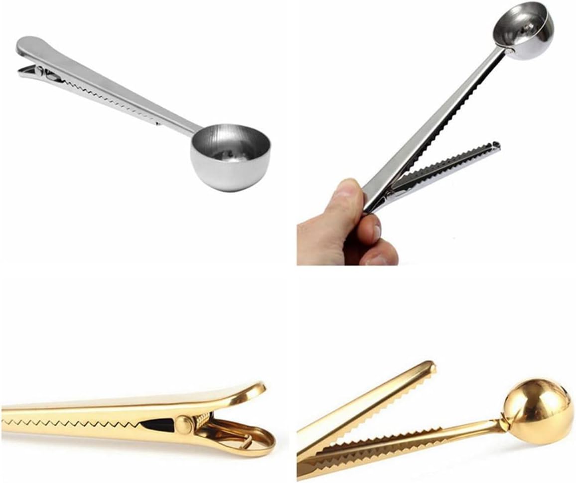 Stainless Steel Coffee Scoop Clip, 2PCS Stainless Steel Coffee Measuring Spoon with Sealed Bag Holder for Tea, Coffee Beans, Protein Powder, Instant Drink (Silver, Gold)