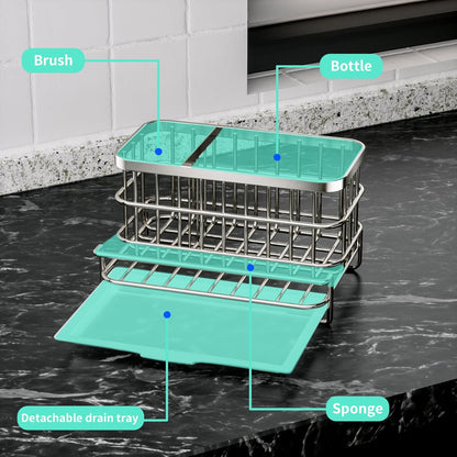 Kitchen Sink Organizer, SUS304 Stainless Steel Rustproof Multifunctional Large Sink Caddy with Sponge Holder and Drain Tray for Kitchen Countertop (Silver)