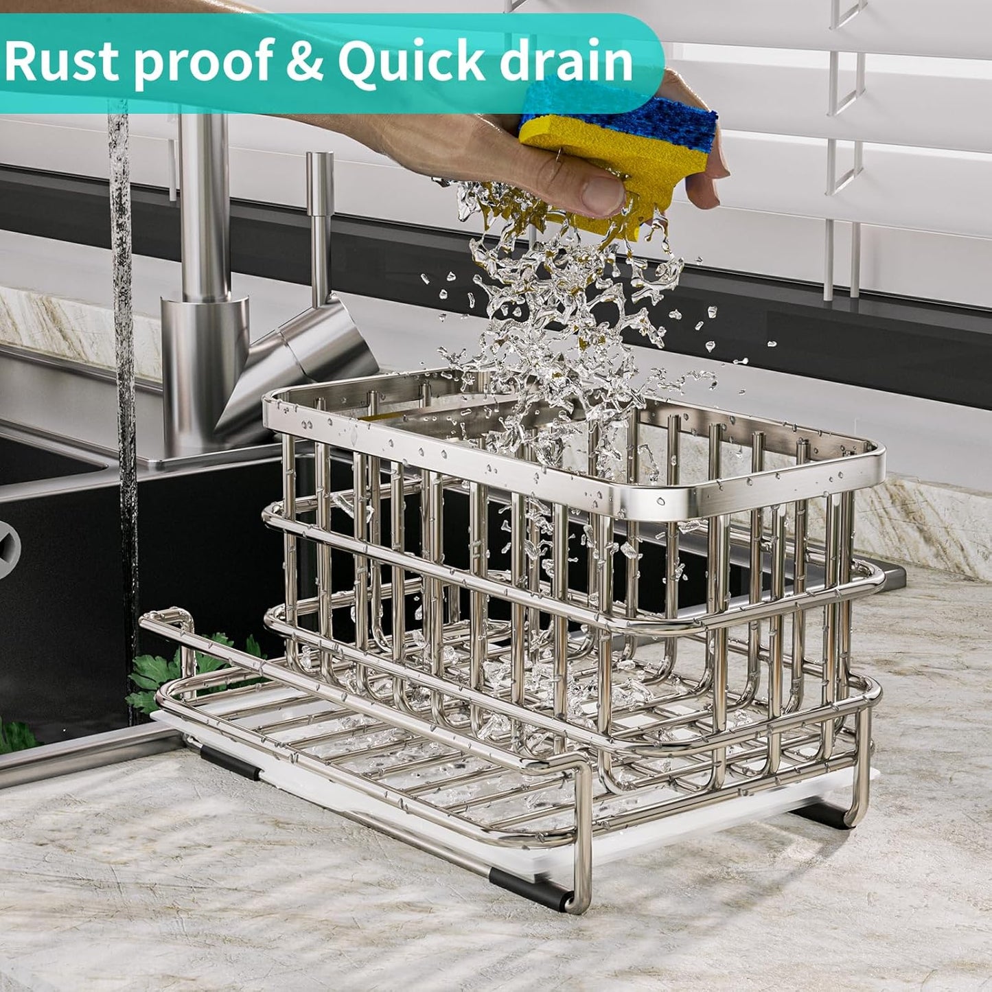 Kitchen Sink Organizer, SUS304 Stainless Steel Rustproof Multifunctional Large Sink Caddy with Sponge Holder and Drain Tray for Kitchen Countertop (Silver)