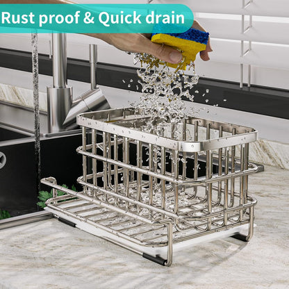 Kitchen Sink Organizer, SUS304 Stainless Steel Rustproof Multifunctional Large Sink Caddy with Sponge Holder and Drain Tray for Kitchen Countertop (Silver)