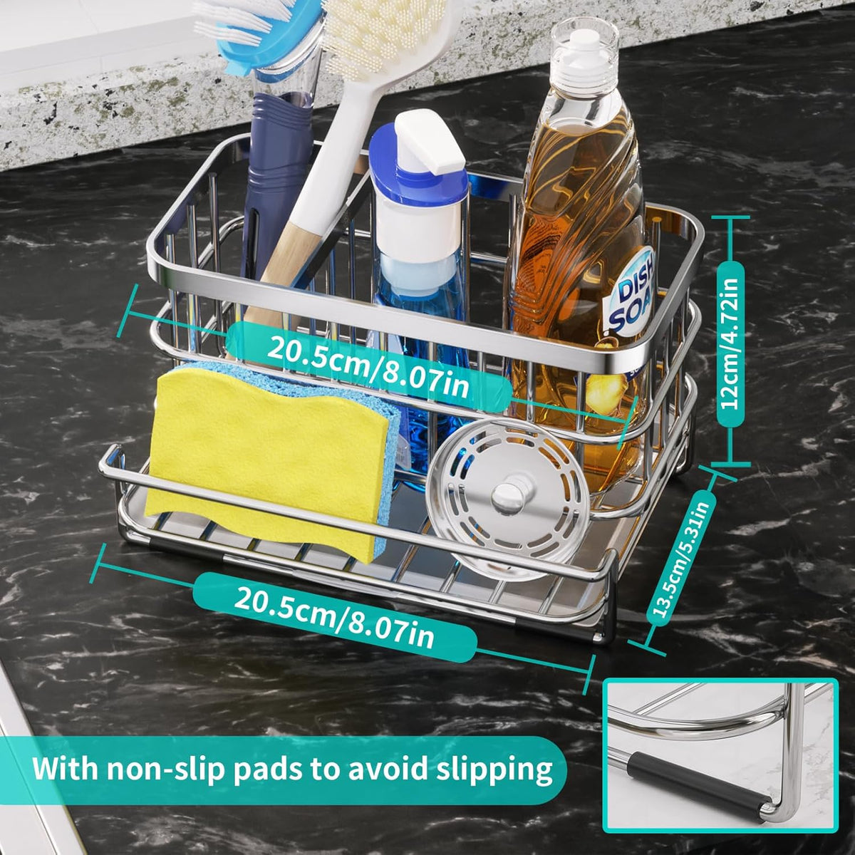 Kitchen Sink Organizer, SUS304 Stainless Steel Rustproof Multifunctional Large Sink Caddy with Sponge Holder and Drain Tray for Kitchen Countertop (Silver)