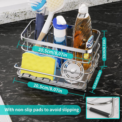 Kitchen Sink Organizer, SUS304 Stainless Steel Rustproof Multifunctional Large Sink Caddy with Sponge Holder and Drain Tray for Kitchen Countertop (Silver)