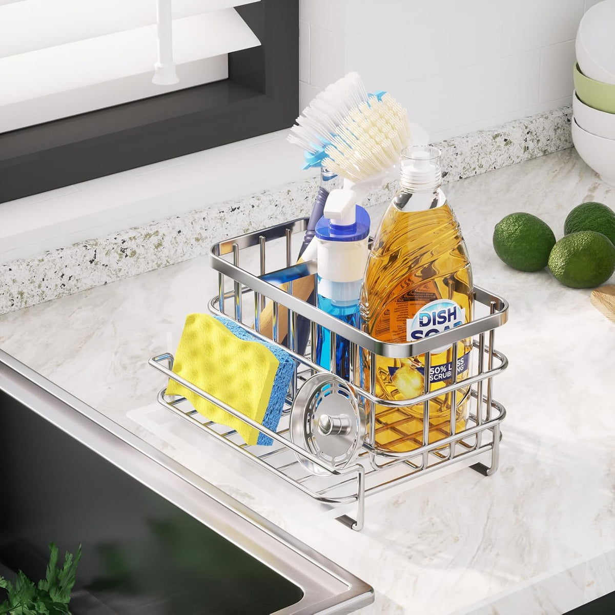 Kitchen Sink Organizer, SUS304 Stainless Steel Rustproof Multifunctional Large Sink Caddy with Sponge Holder and Drain Tray for Kitchen Countertop (Silver)