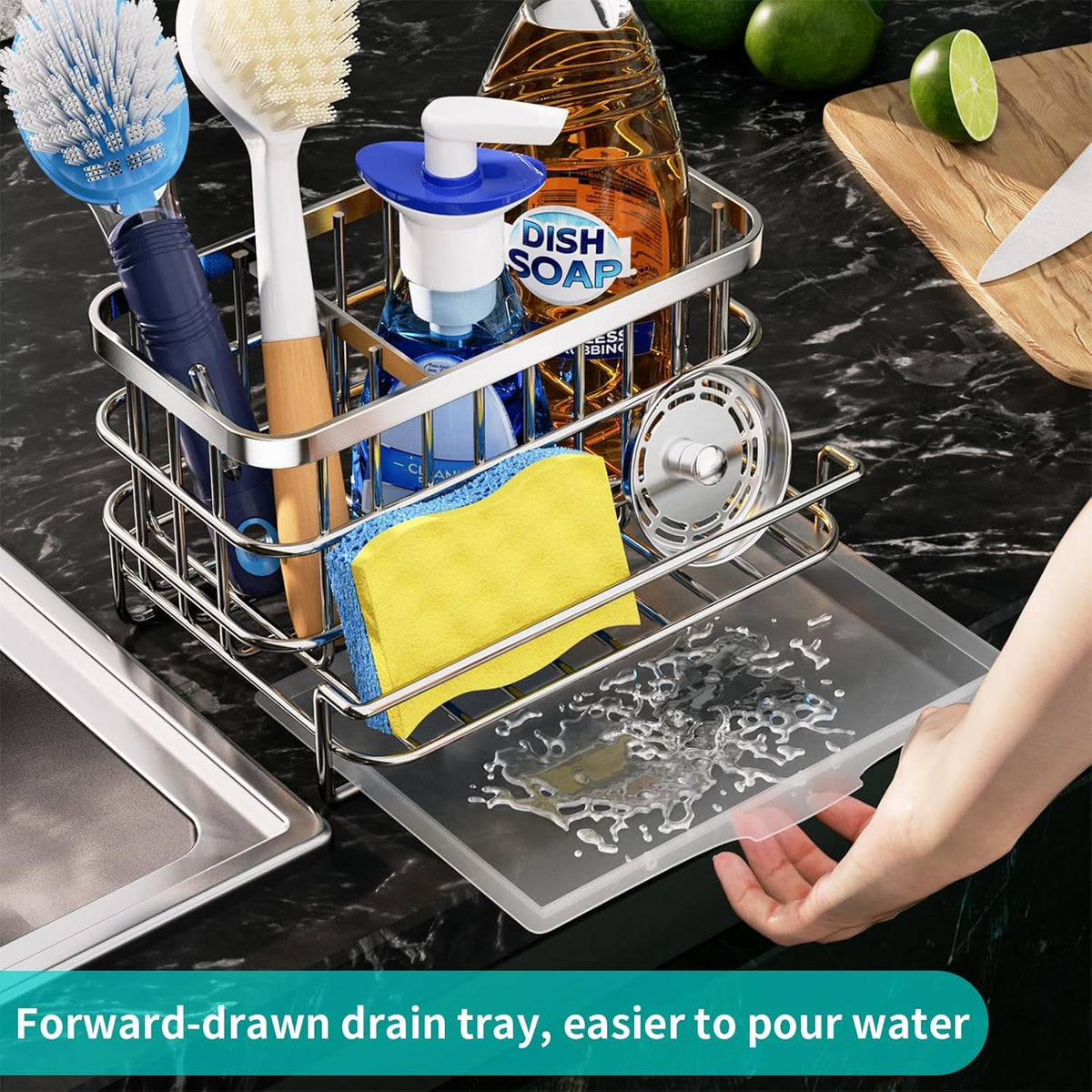 Kitchen Sink Organizer, SUS304 Stainless Steel Rustproof Multifunctional Large Sink Caddy with Sponge Holder and Drain Tray for Kitchen Countertop (Silver)