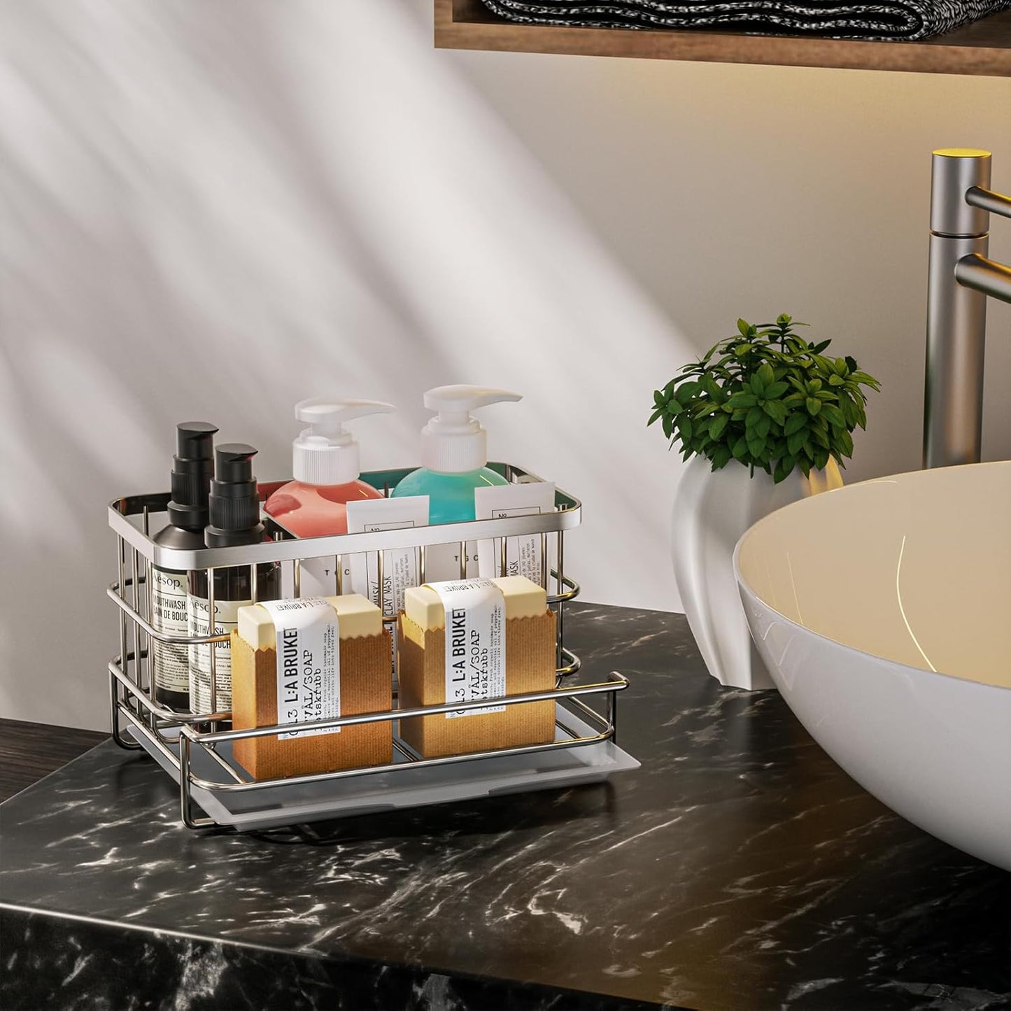 Kitchen Sink Organizer, SUS304 Stainless Steel Rustproof Multifunctional Large Sink Caddy with Sponge Holder and Drain Tray for Kitchen Countertop (Silver)