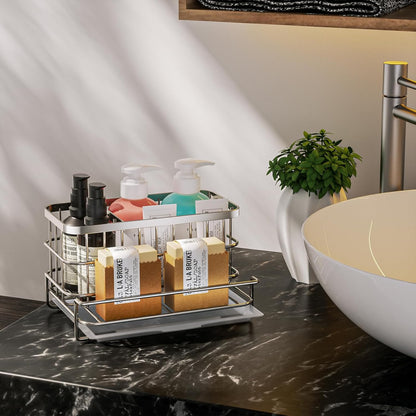 Kitchen Sink Organizer, SUS304 Stainless Steel Rustproof Multifunctional Large Sink Caddy with Sponge Holder and Drain Tray for Kitchen Countertop (Silver)