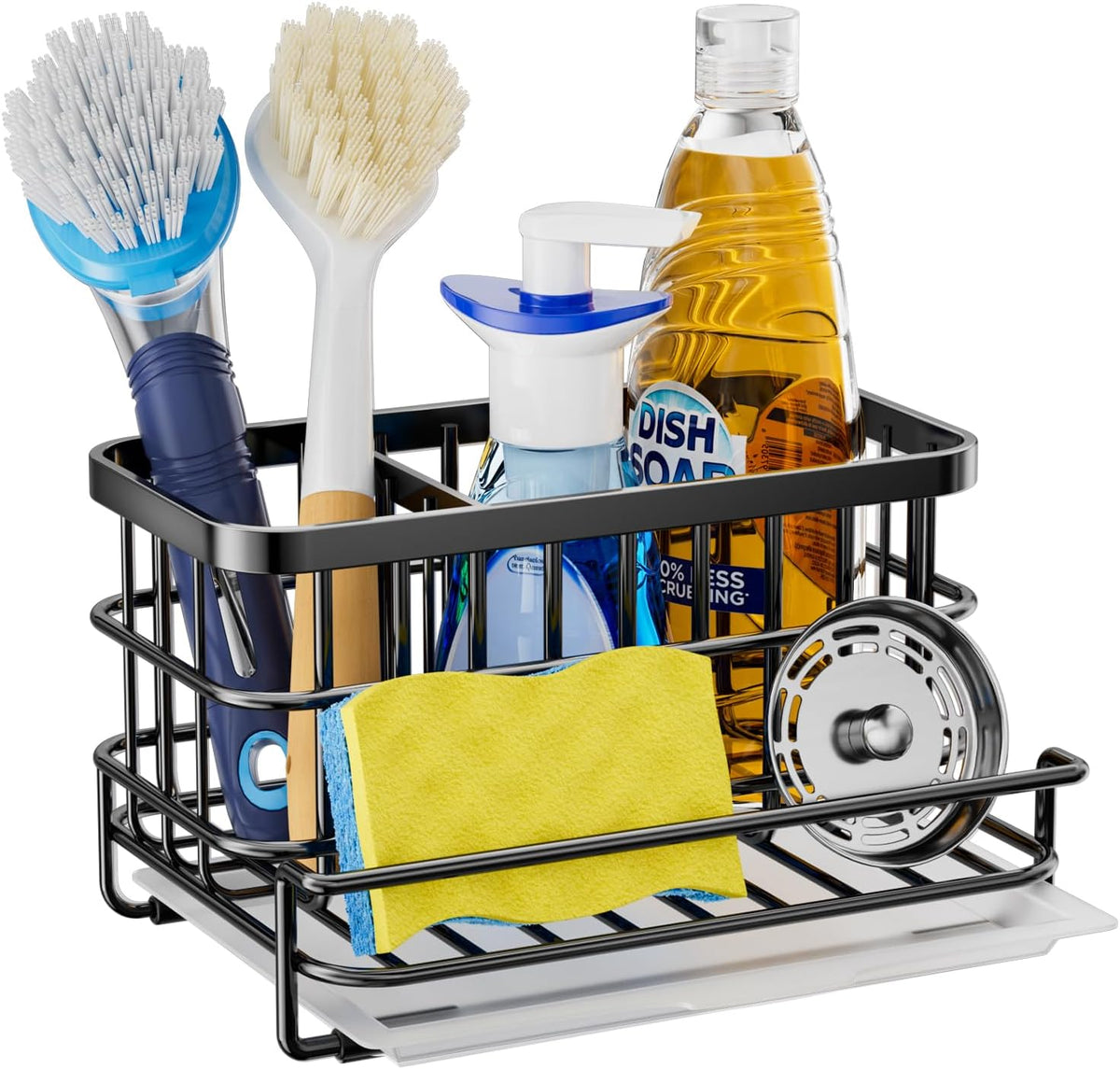 Kitchen Sink Organizer, SUS304 Stainless Steel Rustproof Multifunctional Large Sink Caddy with Sponge Holder and Drain Tray for Kitchen Countertop (Silver)