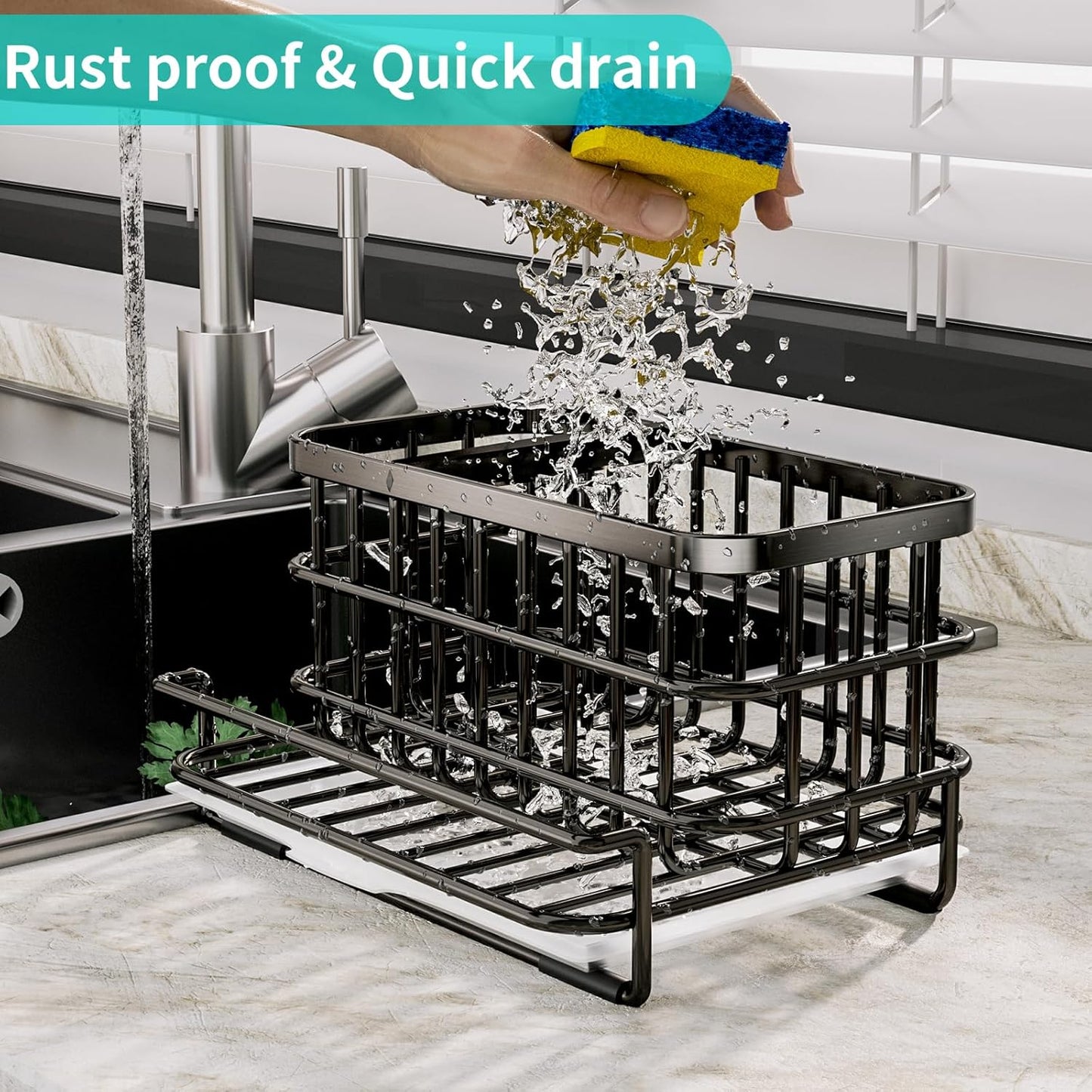 Kitchen Sink Organizer, SUS304 Stainless Steel Rustproof Multifunctional Large Sink Caddy with Sponge Holder and Drain Tray for Kitchen Countertop (Silver)