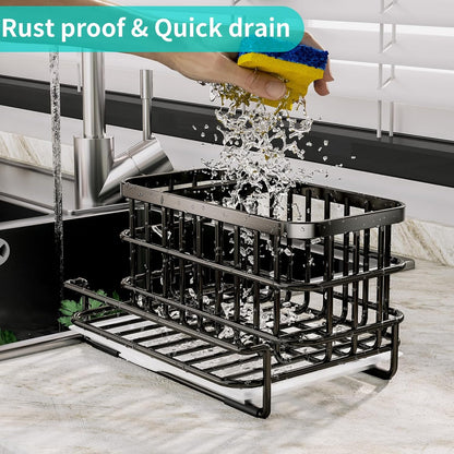 Kitchen Sink Organizer, SUS304 Stainless Steel Rustproof Multifunctional Large Sink Caddy with Sponge Holder and Drain Tray for Kitchen Countertop (Silver)