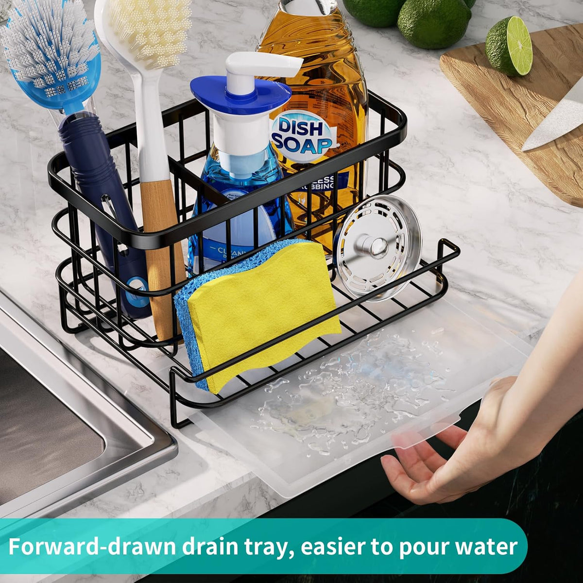Kitchen Sink Organizer, SUS304 Stainless Steel Rustproof Multifunctional Large Sink Caddy with Sponge Holder and Drain Tray for Kitchen Countertop (Silver)