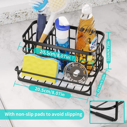 Kitchen Sink Organizer, SUS304 Stainless Steel Rustproof Multifunctional Large Sink Caddy with Sponge Holder and Drain Tray for Kitchen Countertop (Silver)