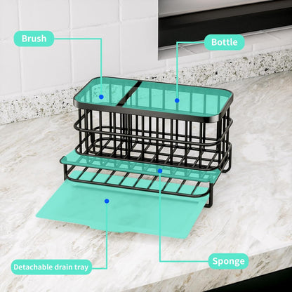 Kitchen Sink Organizer, SUS304 Stainless Steel Rustproof Multifunctional Large Sink Caddy with Sponge Holder and Drain Tray for Kitchen Countertop (Silver)