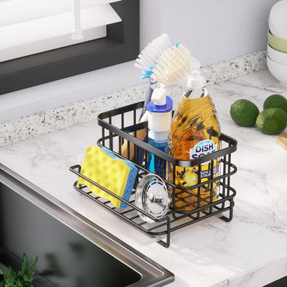 Kitchen Sink Organizer, SUS304 Stainless Steel Rustproof Multifunctional Large Sink Caddy with Sponge Holder and Drain Tray for Kitchen Countertop (Silver)