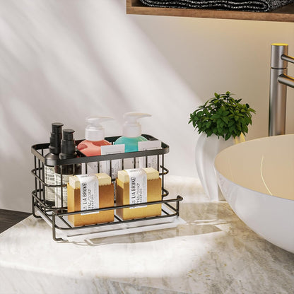 Kitchen Sink Organizer, SUS304 Stainless Steel Rustproof Multifunctional Large Sink Caddy with Sponge Holder and Drain Tray for Kitchen Countertop (Silver)